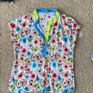 Elite tahari printed silk short sleeve top Large L